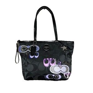 Coach Signature Sequin Appliqué Tote Bag F17587 Daisy Pop Optic Purple Black Y2K